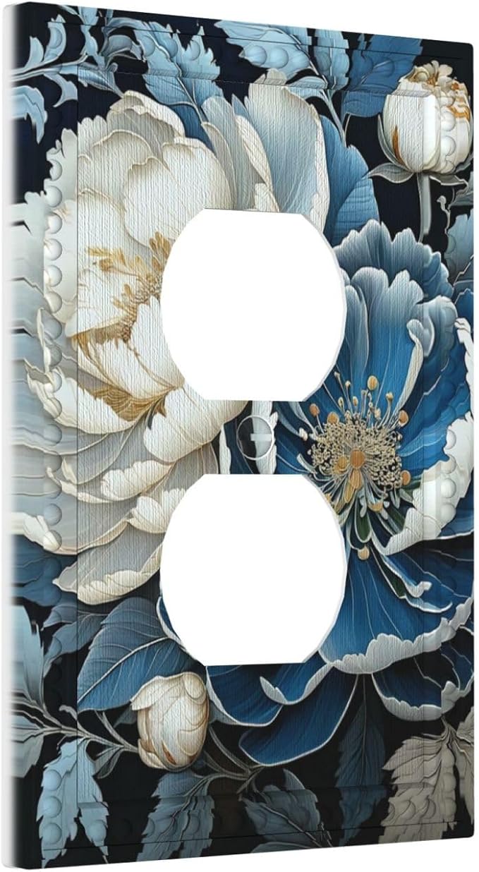 White Blue Flower Peonies Light Switch Cover 1 Gang Outlet Plate Single Duplex Wall Plate Covers Decorative Switchplate Covers Electrical Faceplate for Home Decor