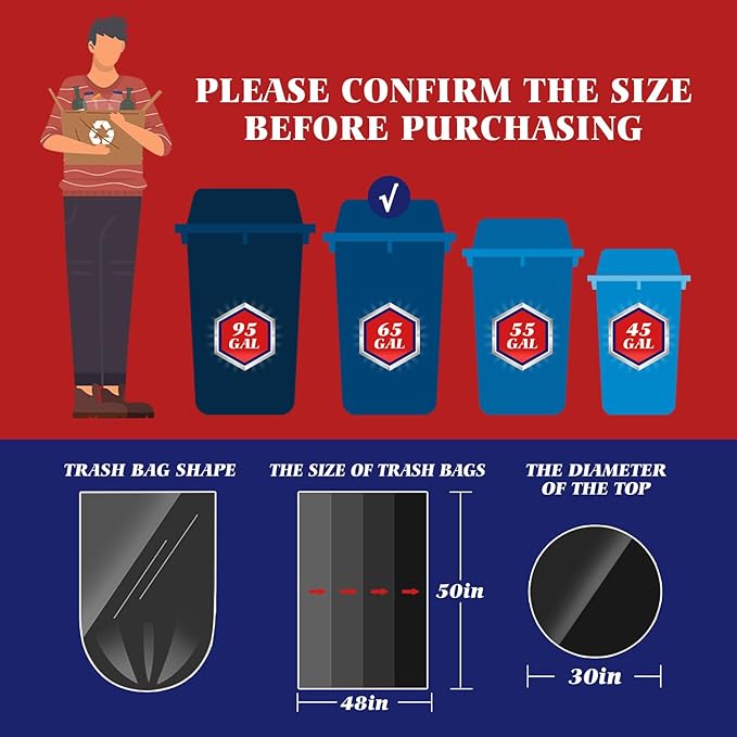 Teivio Large Black Trash Bags 64-65 Gallon 16 Counts Industrial Sturdy Garbage
