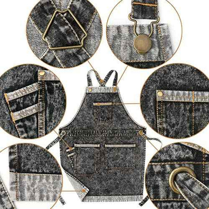 Jeanerlor - Denim Hair Stylist Tool Apron with Pockets for Women - Jean Work Apron Cross Straps & Adjustable S to M (Black)
