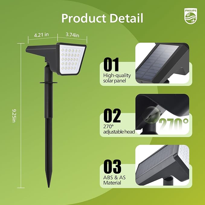 Philips 4 Packs Solar Spot Lights Outdoor Waterproof, 28 LED 3000K Solar Powered Landscape Pathway Lights, Dusk to Dawn Solar Spotlights for Garden, Yard, Lawn, Walkway, Driveway