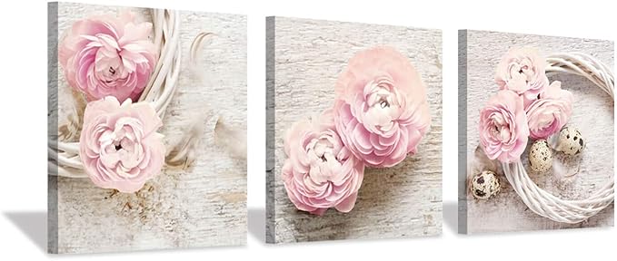 Floral Picture Canvas Wall Art: Pink Peony Flower Wreath Photographic Prints for Decor (12”x12”x3pcs)