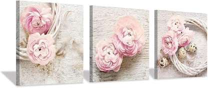 Floral Picture Canvas Wall Art: Pink Peony Flower Wreath Photographic Prints for Decor (12”x12”x3pcs)