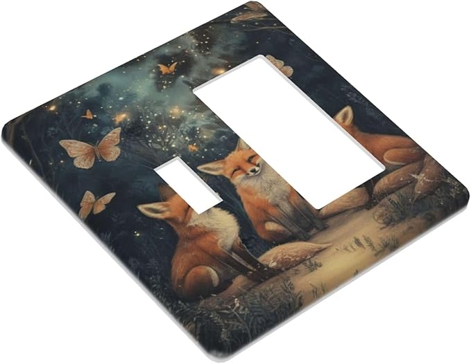Decorative Art Light Switch Covers Foxes & Forest 2 Gang Single Toggle Rocker Combination Electrical Faceplate Switchplate Wall Plate for Home Decor
