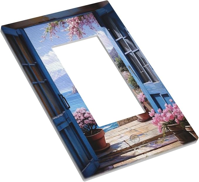 Decorative Art Light Switch Covers Seaside Window View 1 Gang Rocker Outlet Decorative Switch plate Faceplate GFCI Light Switch Covers for Home Decor