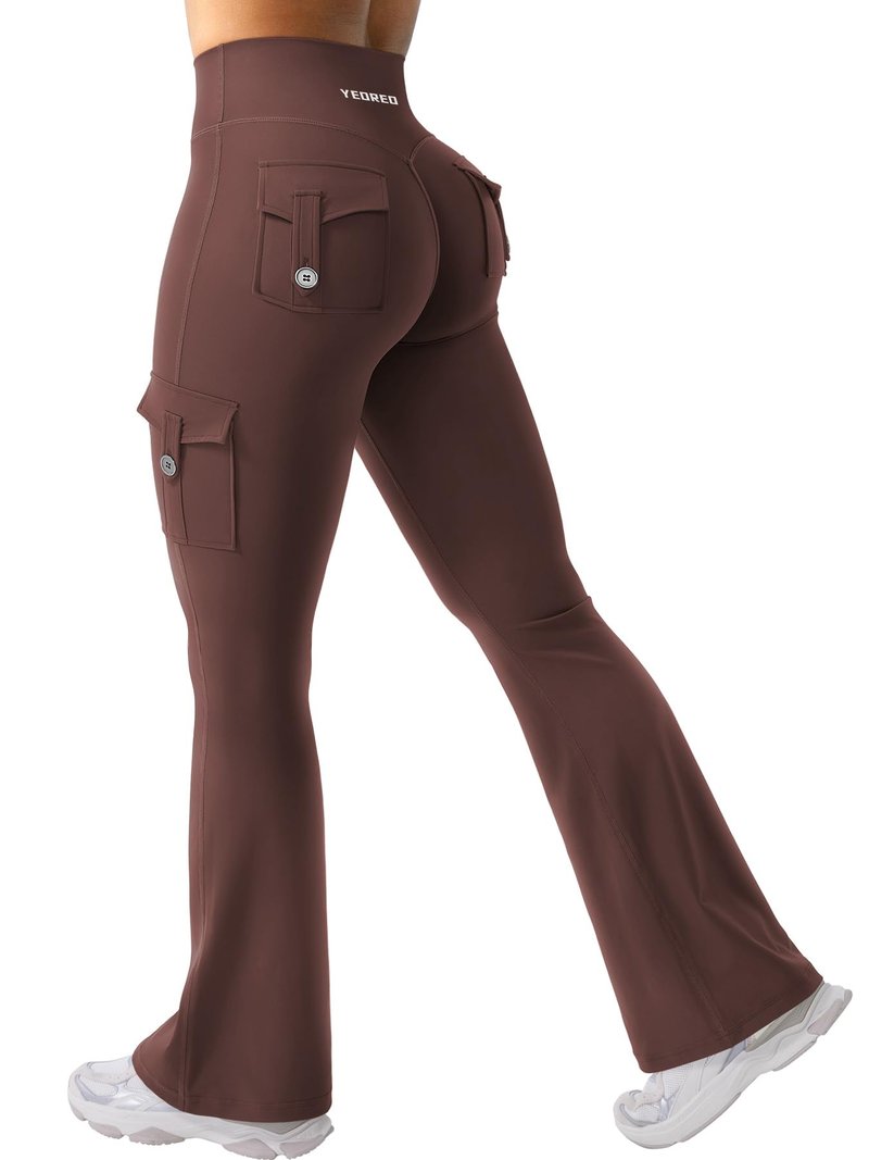 YEOREO CoreFlex Women Workout Flare Leggings with Pockets Hidden Scrunch High Waisted Cargo Gym Yoga No Front Seam Leggings (Chocolate, Small, 30" Inseam)