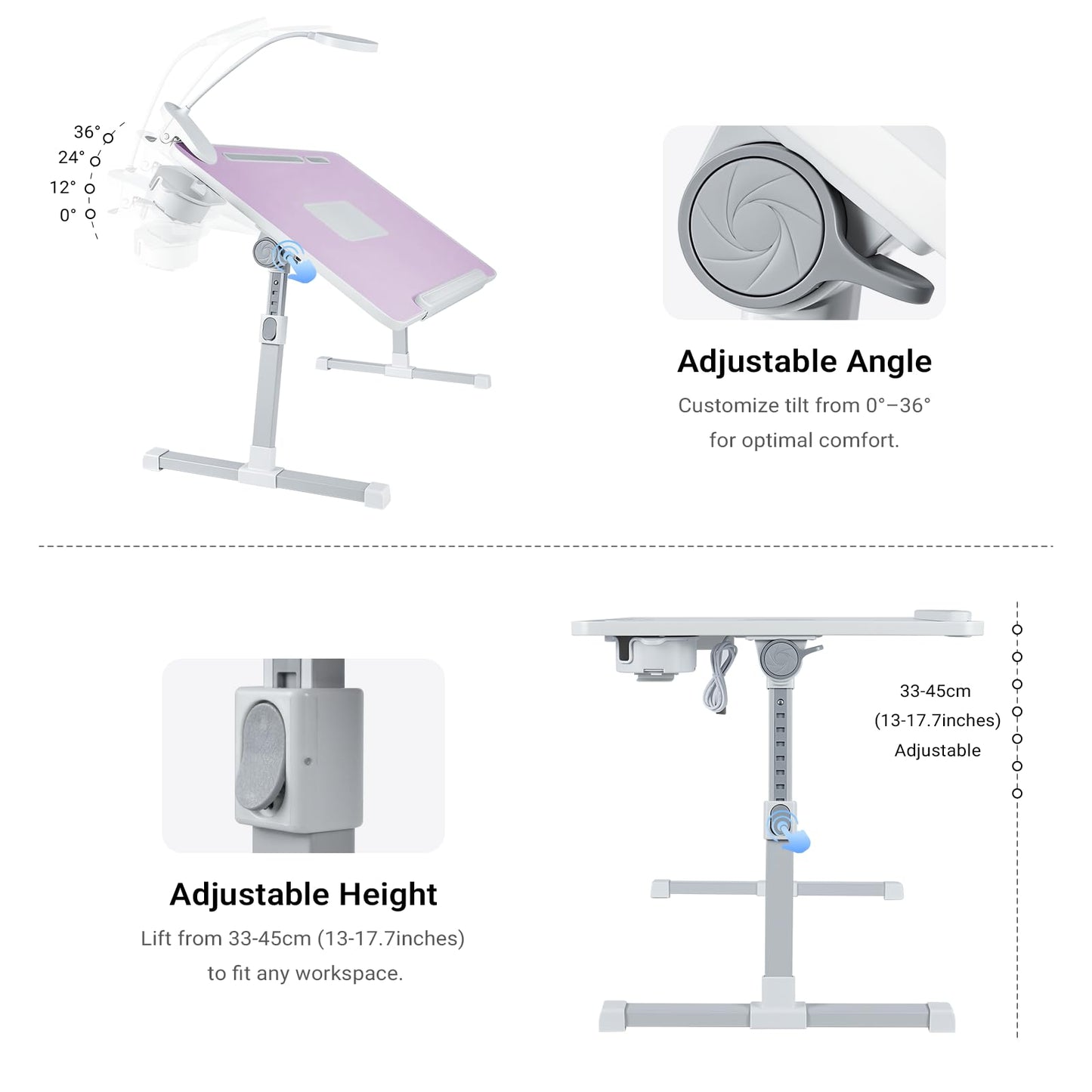 iXTRA Laptop Lap Desk with Cooling Fan - Adjustable Bed Desk with Light, Bed Table with Cup Holder&Phone Holder - Storage Drawer Desk - Folding Bed Desk,Purple,70x45cm