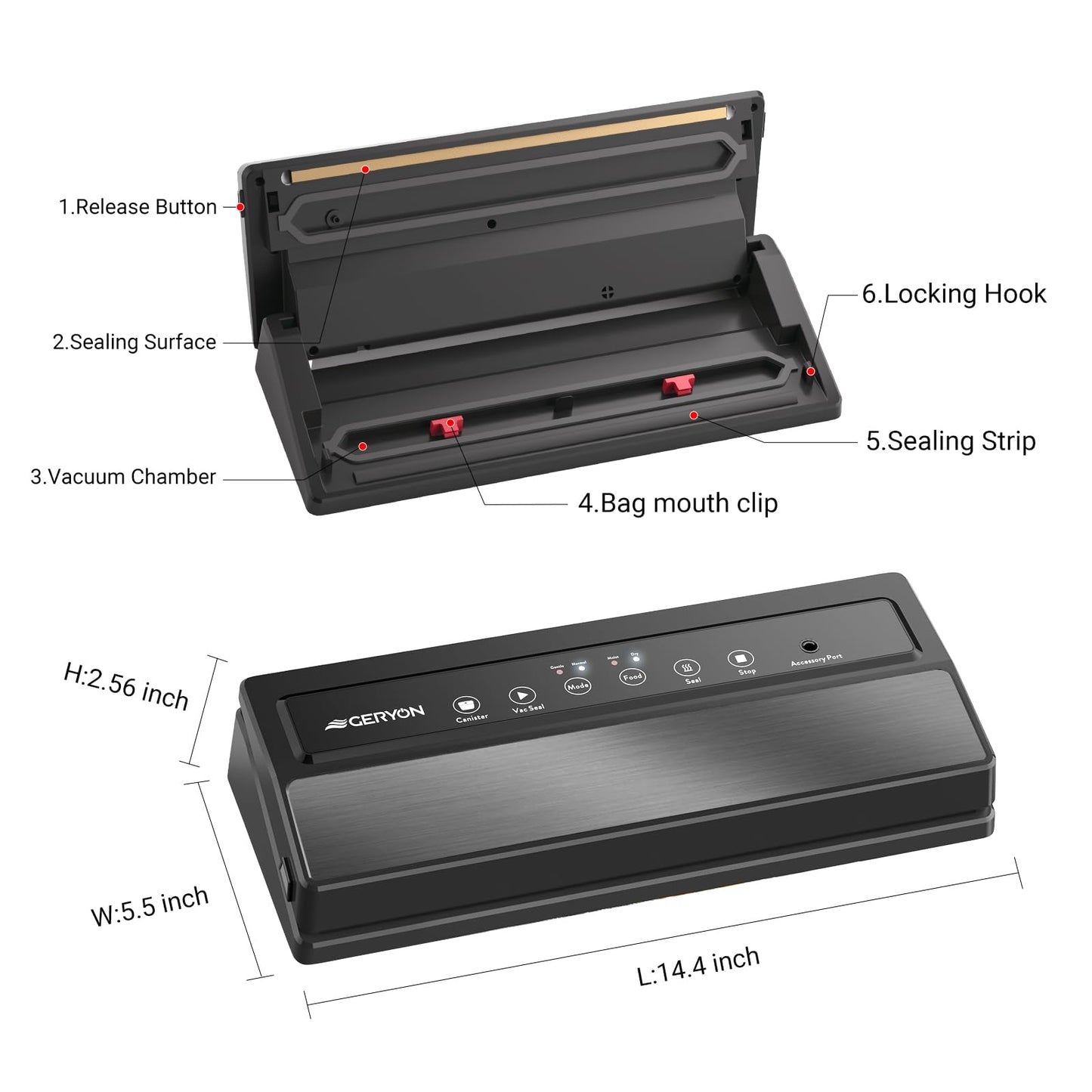 GERYON Vacuum Sealer Machine, Food Vacuum Sealer with Powerful Suction | Slim Design | Easy to Use | Led Indicator Lights for Sous Vide, Meal Prep, w/Starter Kits for Vacuum Seal Container (Black）