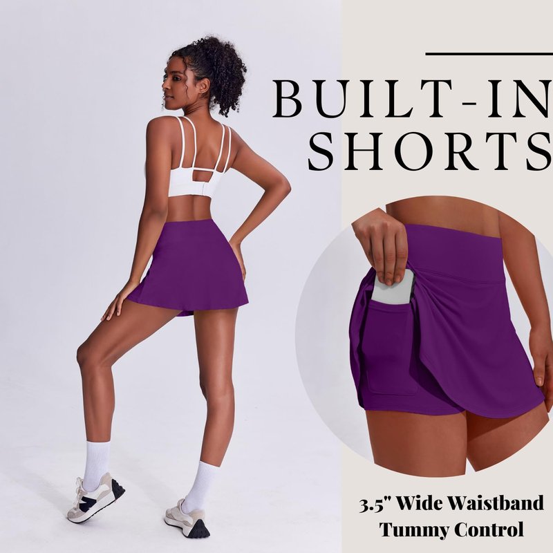 PINSPARK Skort Pleated Tennis Skirts for Women Short Golf Skirts with Pocket Pickleball Outfits Plus Size,Purple X-Large