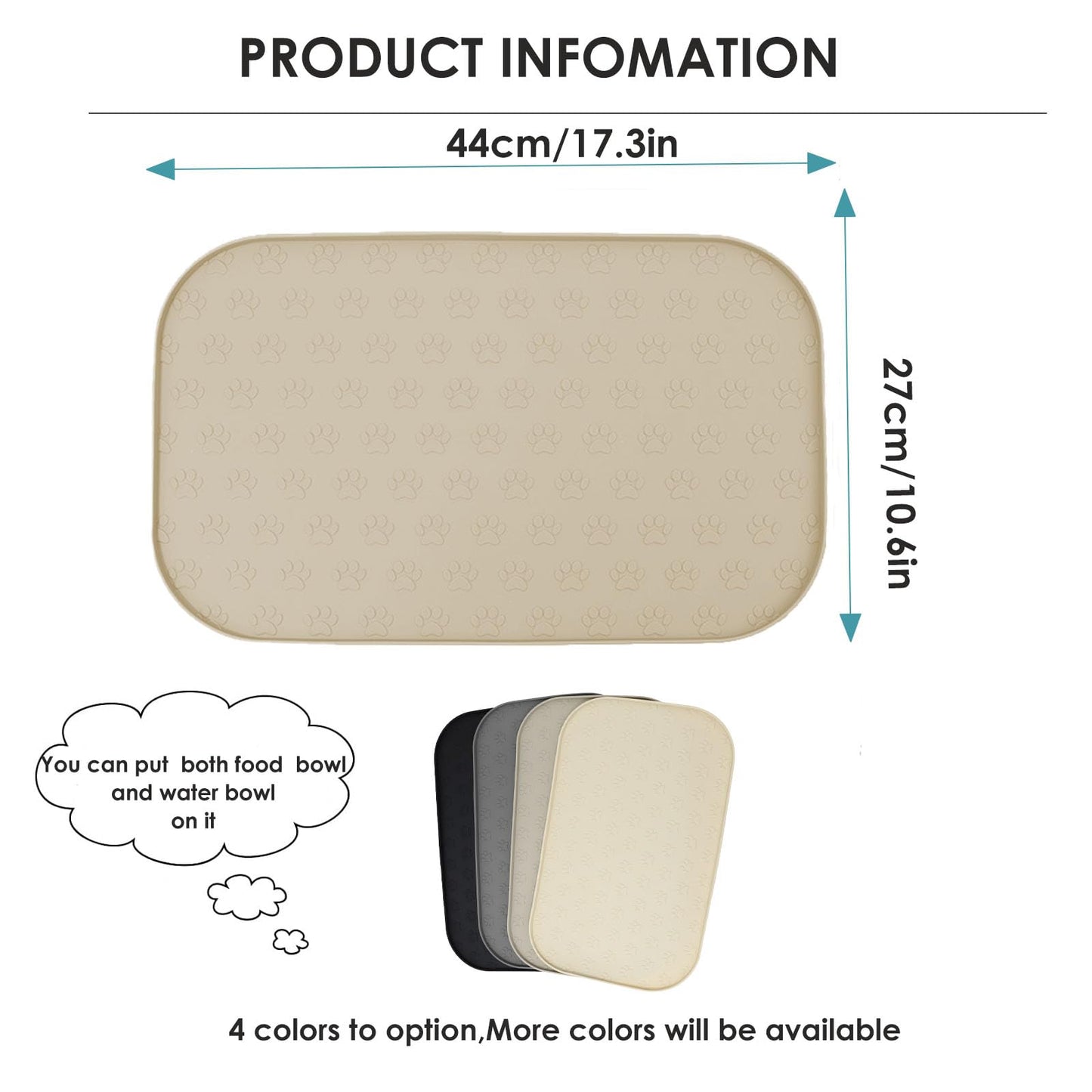 WLDJMP Pet Food Mat with Raised Sides, Silicone, Gray, 17.3x10.6 Inches, Dog Paw Pattern, Floor Protection for Cats (Khaki, 44x27cm)