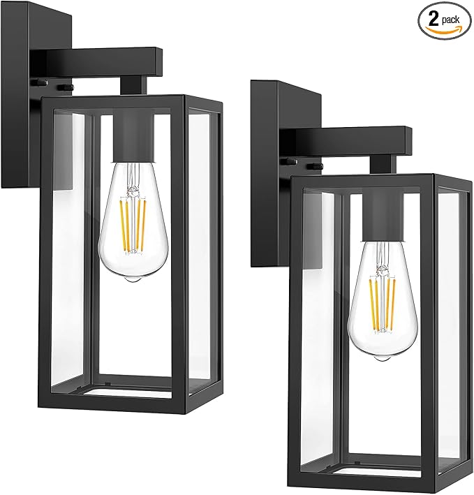 MAXvolador Outdoor Wall Sconce, Exterior Waterproof Wall Lantern Light Fixtures, Black Porch Lights with Toughened Glass Shade, Anti-Rust E26 Socket Front Door Mount Lighting, 2 Pack