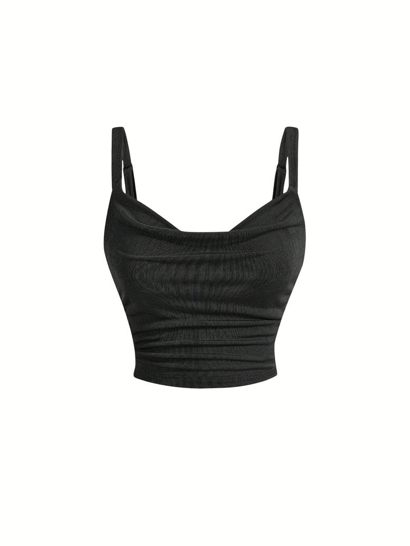 SOLY HUX Women's Cowl Neck Crop Camisole Top Lace Up Ruched Sleeveless Y2k Tops Plain Black Small