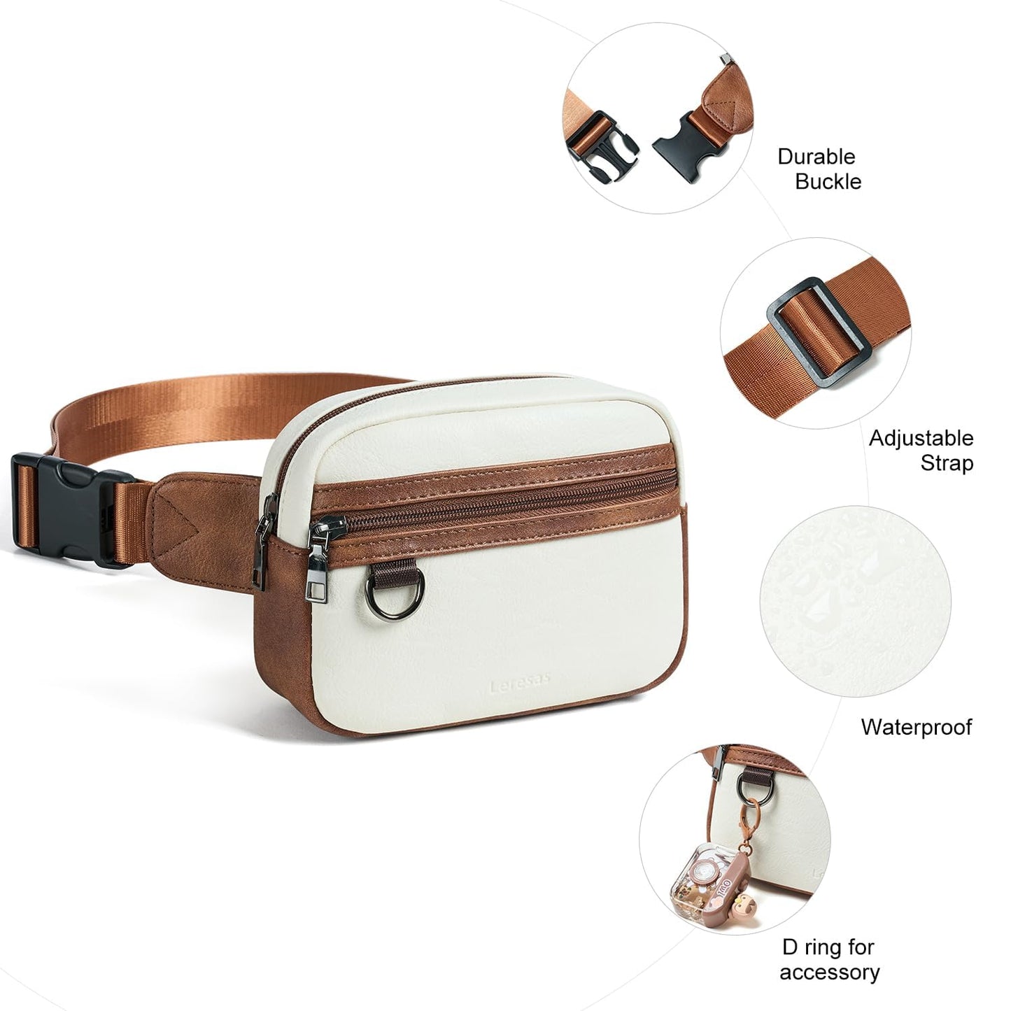 Leresas 2L Fanny Packs for Women Everywhere Belt Bag Chic Waist Pack Bag Crossbody Purse Faux Leather Travel Cycling Beige
