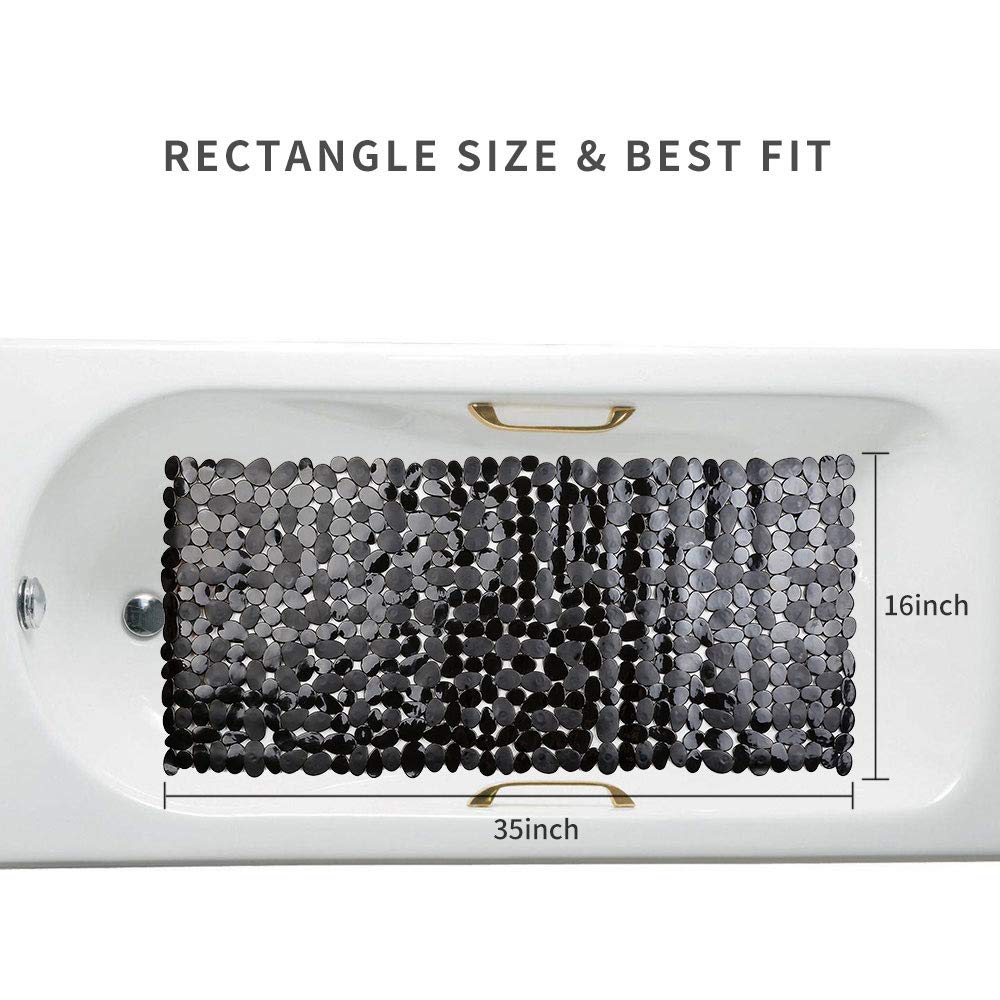 SONGZIMING Non-Slip Pebble Bathtub Mat Black 16 W x 35 L Inches (for Smooth/Non-Textured Tubs Only) Safe Shower Mat with Drain Holes, Suction Cups for Bathroom