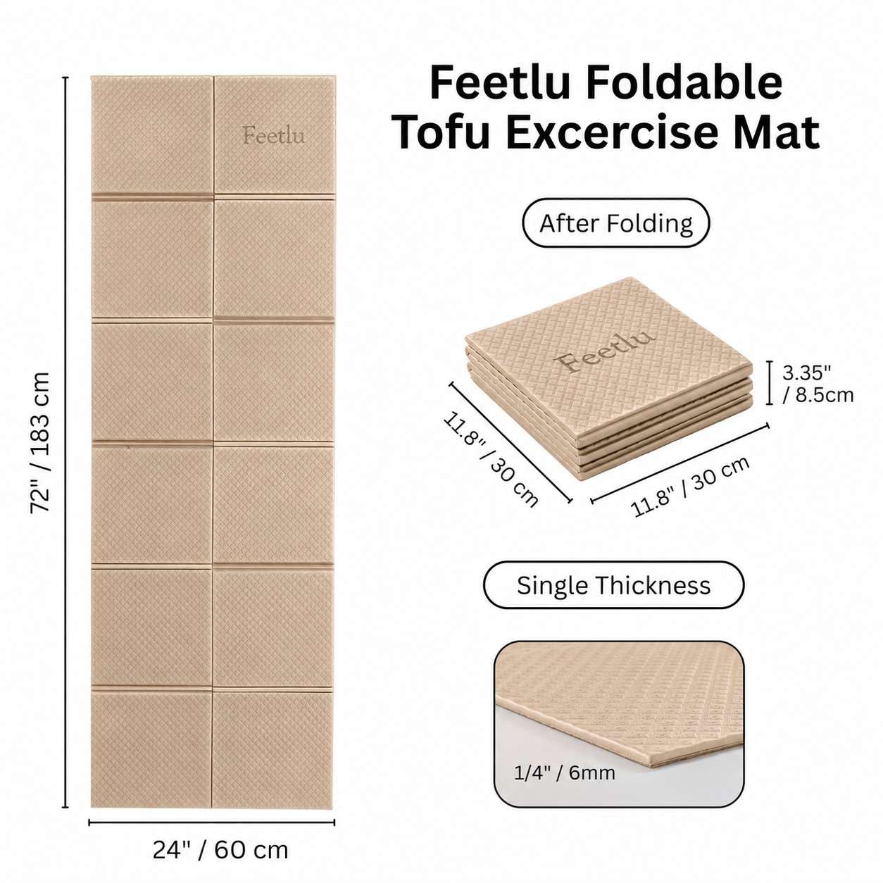 Feetlu Foldable Yoga Mat, 6mm Thick, 72L x 24W Inch, Lightweight, Anti-Slip, and Easy to Store – Perfect for Travel, Yoga, Pilates, Home Workouts, and Floor Exercises (Khaki)