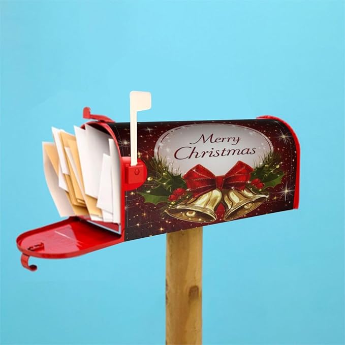 Festive Magnetic Mailbox Cover Christmas Bell Pattern Outdoor Mailbox Protector Holiday Seasonal Decorative Garden Yard Home Standard Size 21 x 18 Inch