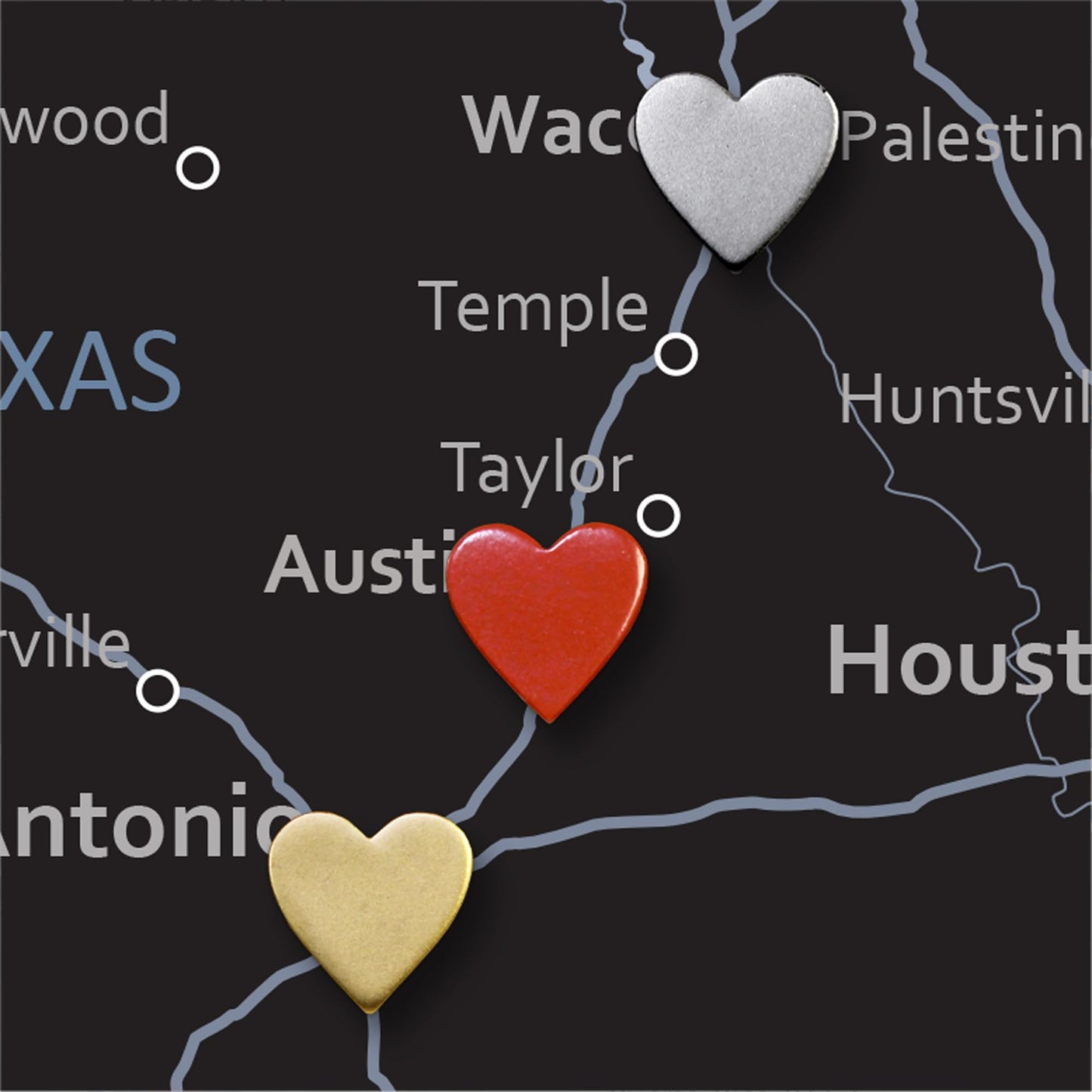 Big Gold Heart Push Pins - Large Gold Metal Heart Map Pins - for Cork Board, Maps, or Lapel Pin Use - Designed in USA - Set of 20