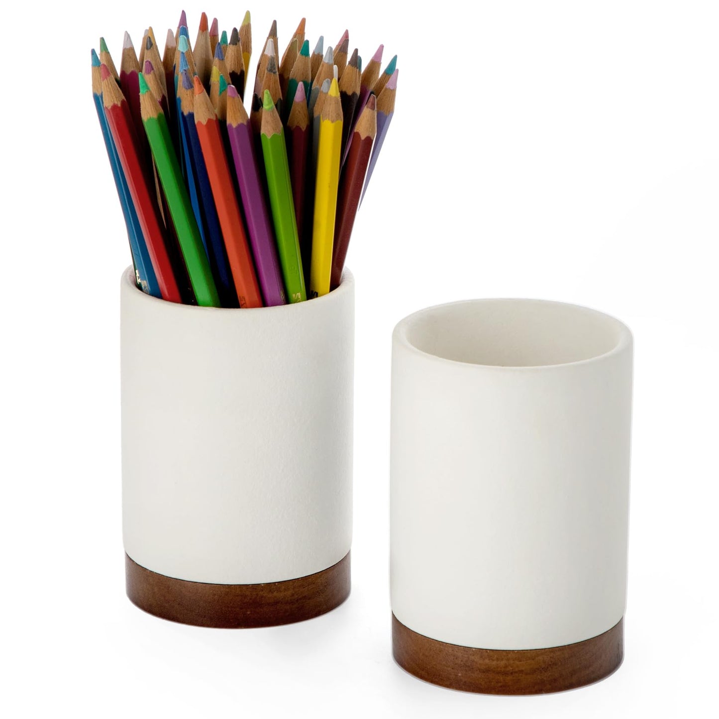 Pen Holder for Desk, Ceramic Pencil Organizer & Makeup Brush Holder, Office Decor and Desk Accessories，Perfect Office Organization,Teacher Supplies(White, Set / 2)