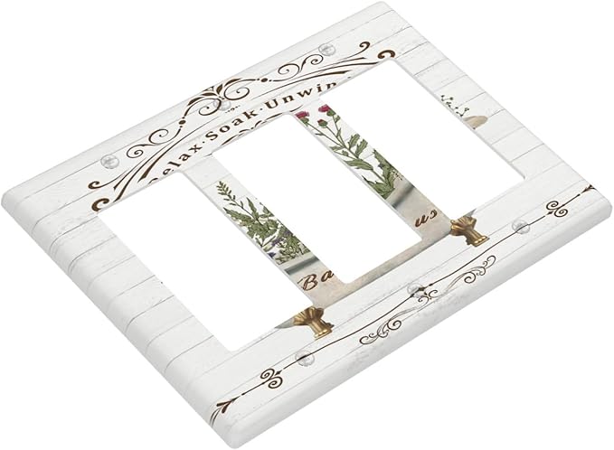 Rustic Farmhouse Wooden Board Botanical Flower Triple Rocker/Decora Wall Plate 3 Gang Light Switch Outlet Cover Plate Decorative Switchplate Electrical GFCI Faceplate for Kitchen Bathroom Decor