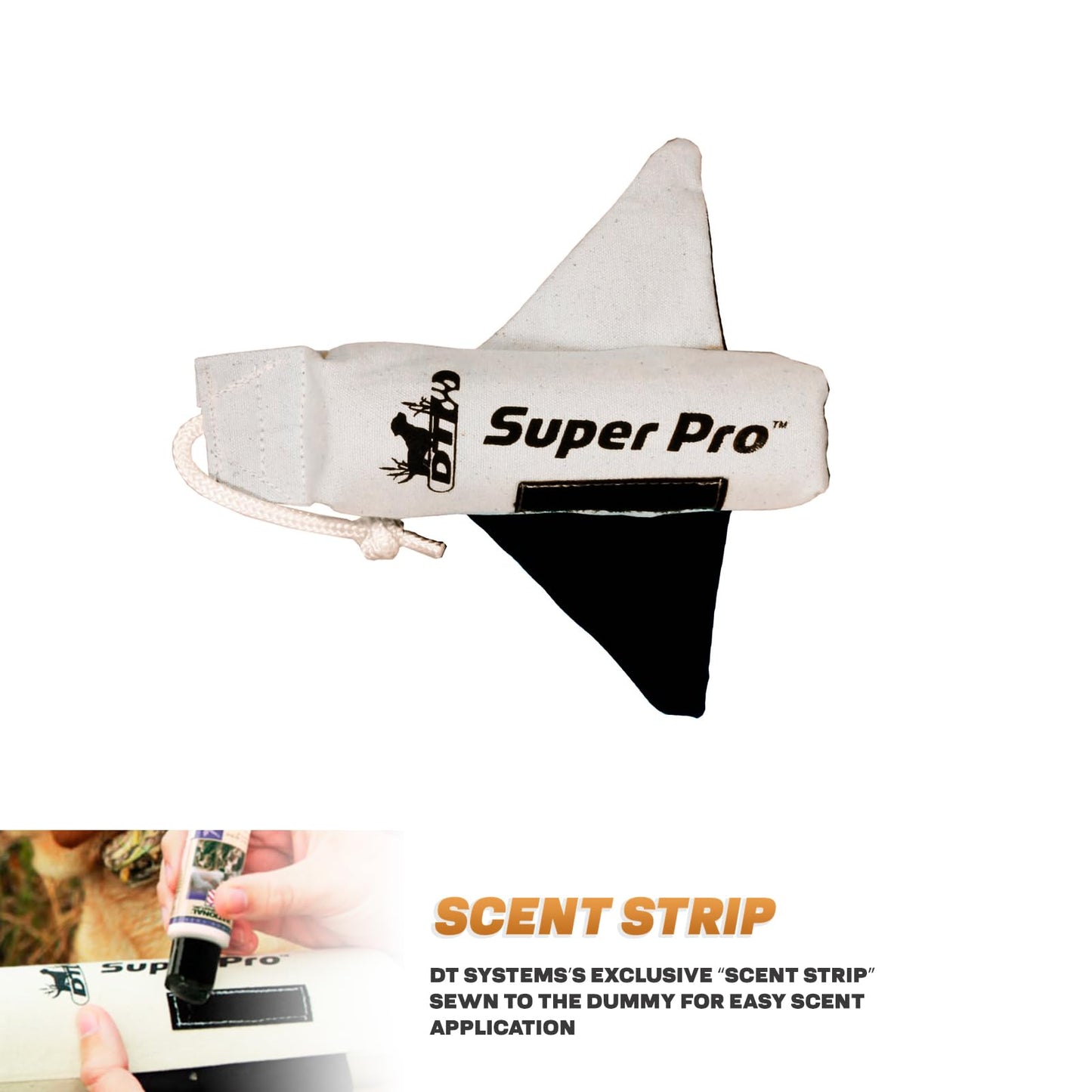 DT Systems Super Pro Series Canvas Winged Dummy, Durable High-Visibility Black & White Floating Hunting Dog Retriever Training Bird-Like Toy with Scent Strip & Rope Handle, Small