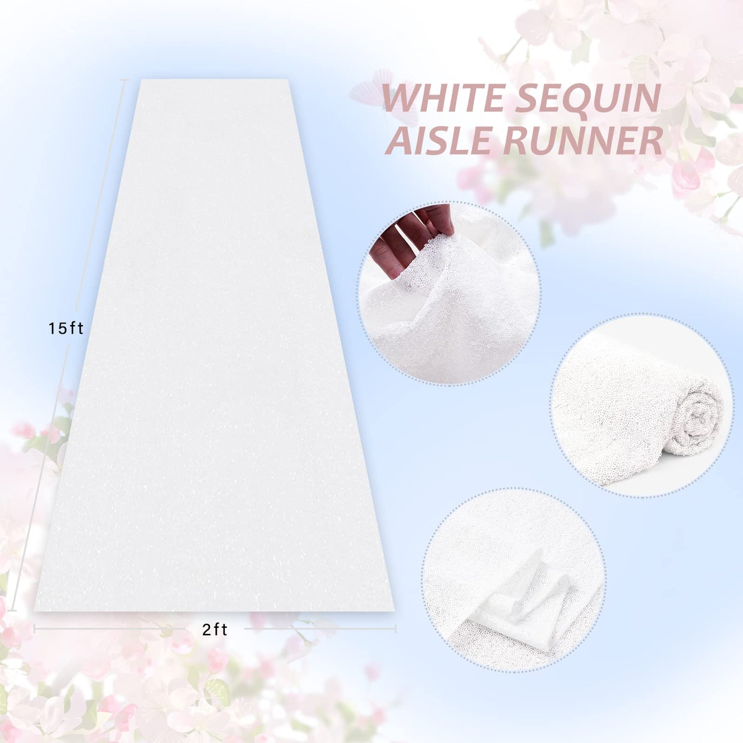 White Aisle Runner for Wedding Ceremony: 2FT×15FT Sequin Fabric - Sparkly Carpet Runner for Thanksgiving Day Bridal Shower Outdoor Grass Floor Indoor Rug Runner Hallway Decor