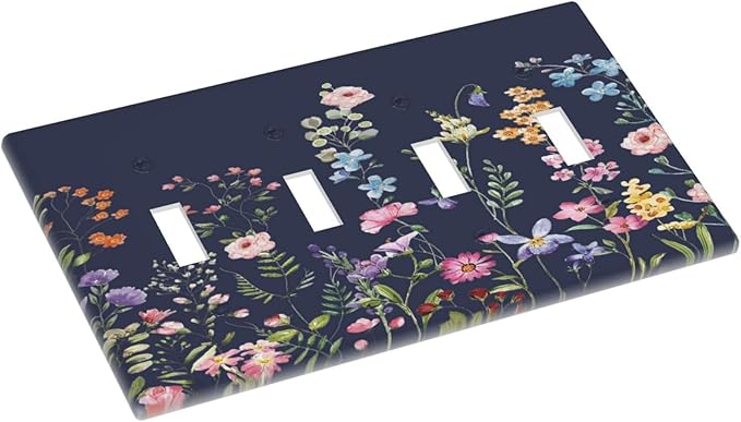 Rustic Wild Floral Darkground Vintage Watercolor Flower Quad Toggle Light Switch Covers Decorative Unique 4 Gang Wall Plate Electrical Faceplate Switchplate for Bedroom Decor