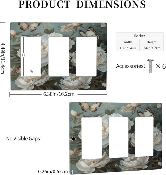 Decorative Art Light Switch Covers Butterflies & Peonies 3 Gang Triple Rocker Outlet Switch plate GFCI Faceplate GFCI for Home Decor