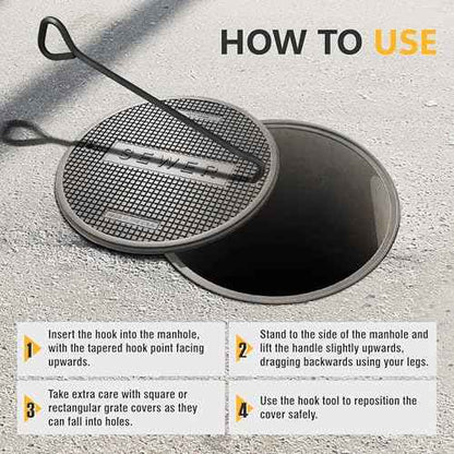 Olympia Tools 5/8 x 36 in. Manhole Cover Hook, for Lifting Manhole Covers & Storm Drain Cover, Versatile Lifting Hooks, Rigid Steel Tool