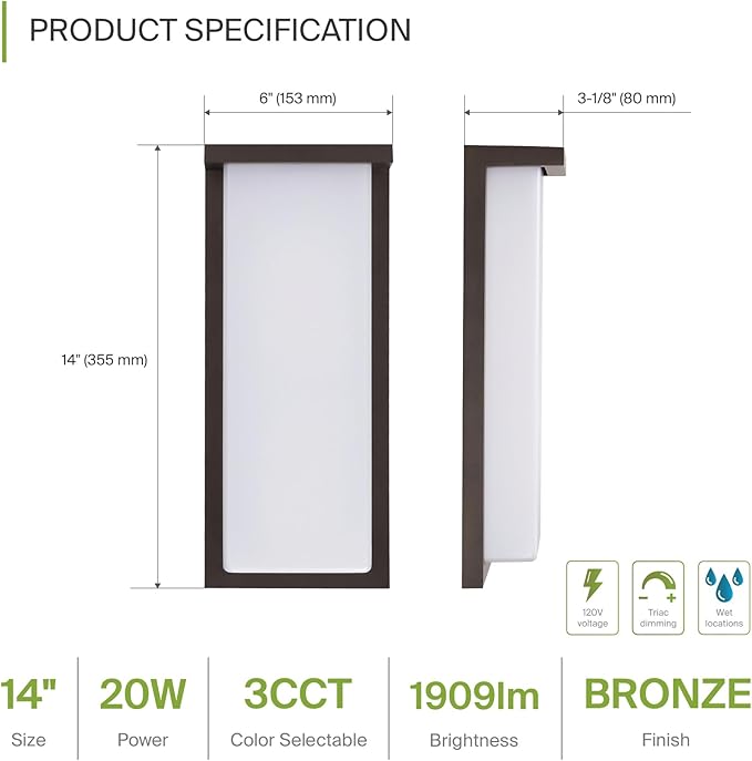 ASD LED 14" Outdoor Wall Light, Front Door House Sconce | 3CCT, Dimmable, Waterproof, ETL Listed | 20W 1900LM 3000-5000K 120V | Exterior Patio Lighting Fixture, Porch Lamp | Dark Bronze, 4 Pack