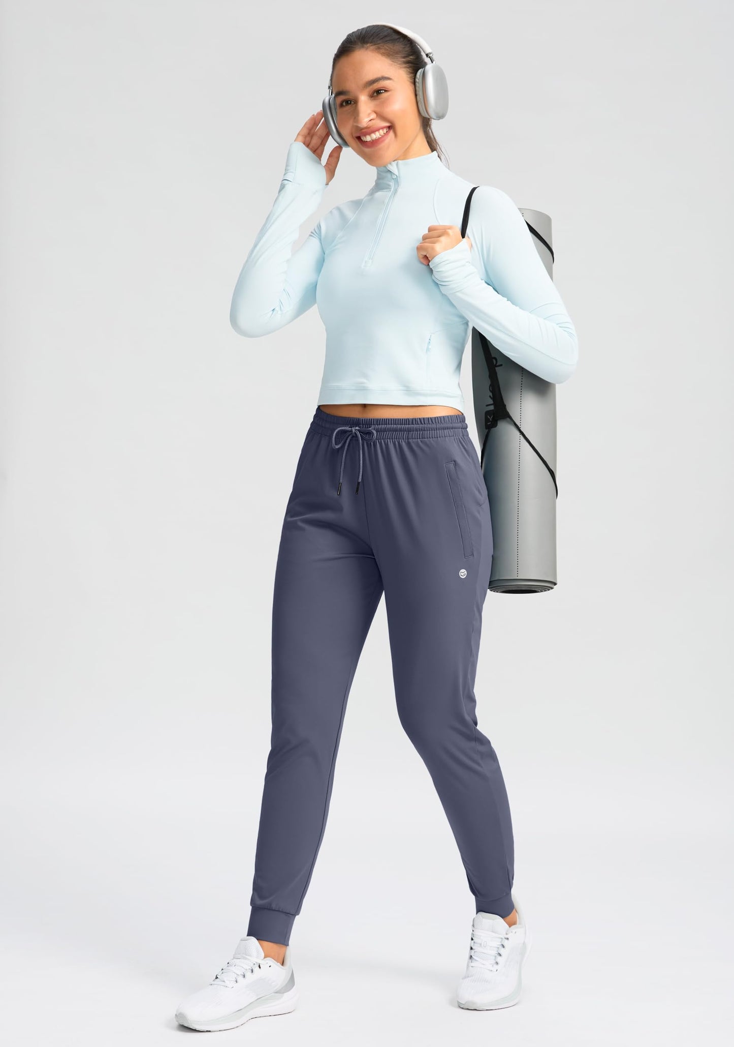 G Gradual Women's Joggers Pants with Zipper Pockets Tapered Running Sweatpants for Women Lounge, Jogging (Dusty Blue, Medium)