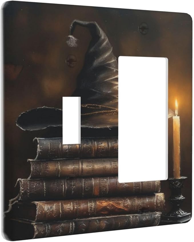 Decorative Art Light Switch Covers Wizard’s Hat & Spellbooks 2 Gang Single Toggle Rocker Combination Electrical Faceplate Switchplate Wall Plate for Home Decor