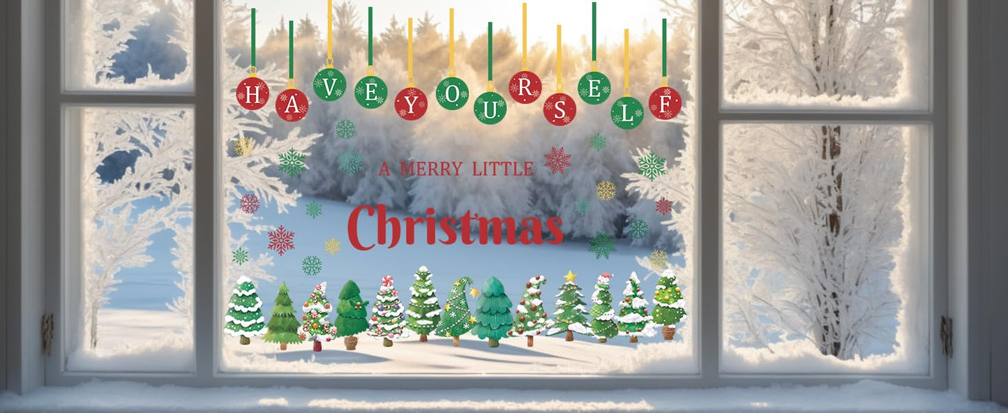 TOARTi Have Yourself A Merry Little Christmas Window Decal Double-Sided Xmas Small Pine Tree Window Cling Merry Christmas Pine Trees Wall Sticker Xmas Tree Ball Sticker Winter Holiday Party Supplies
