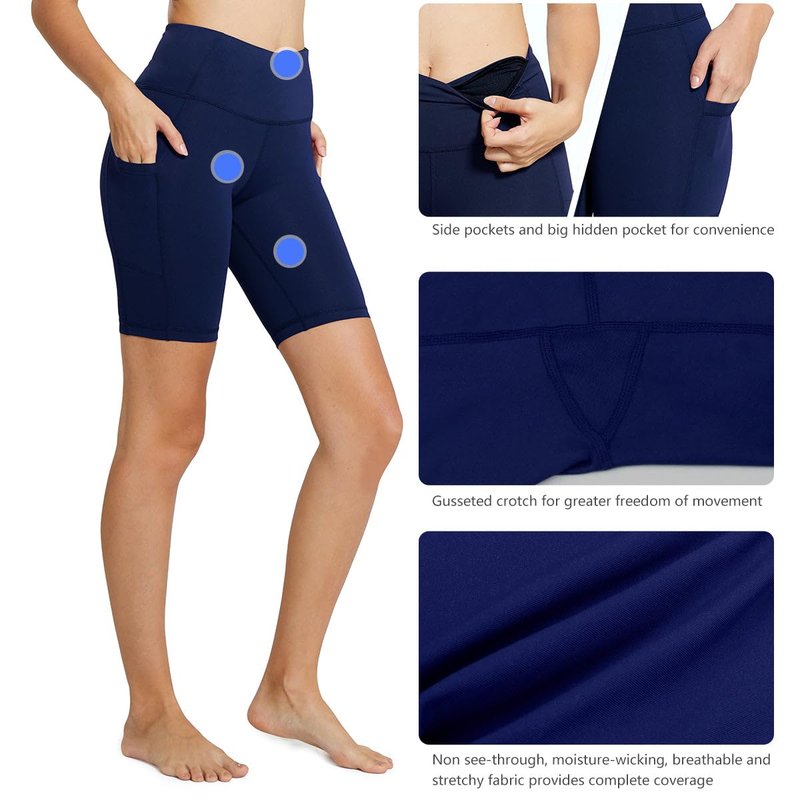baleaf Women's High Waist Biker Shorts Tummy Control Spandex Shorts with 3 Pockets for Yoga Running Workout Compression 8" Navy Blue L