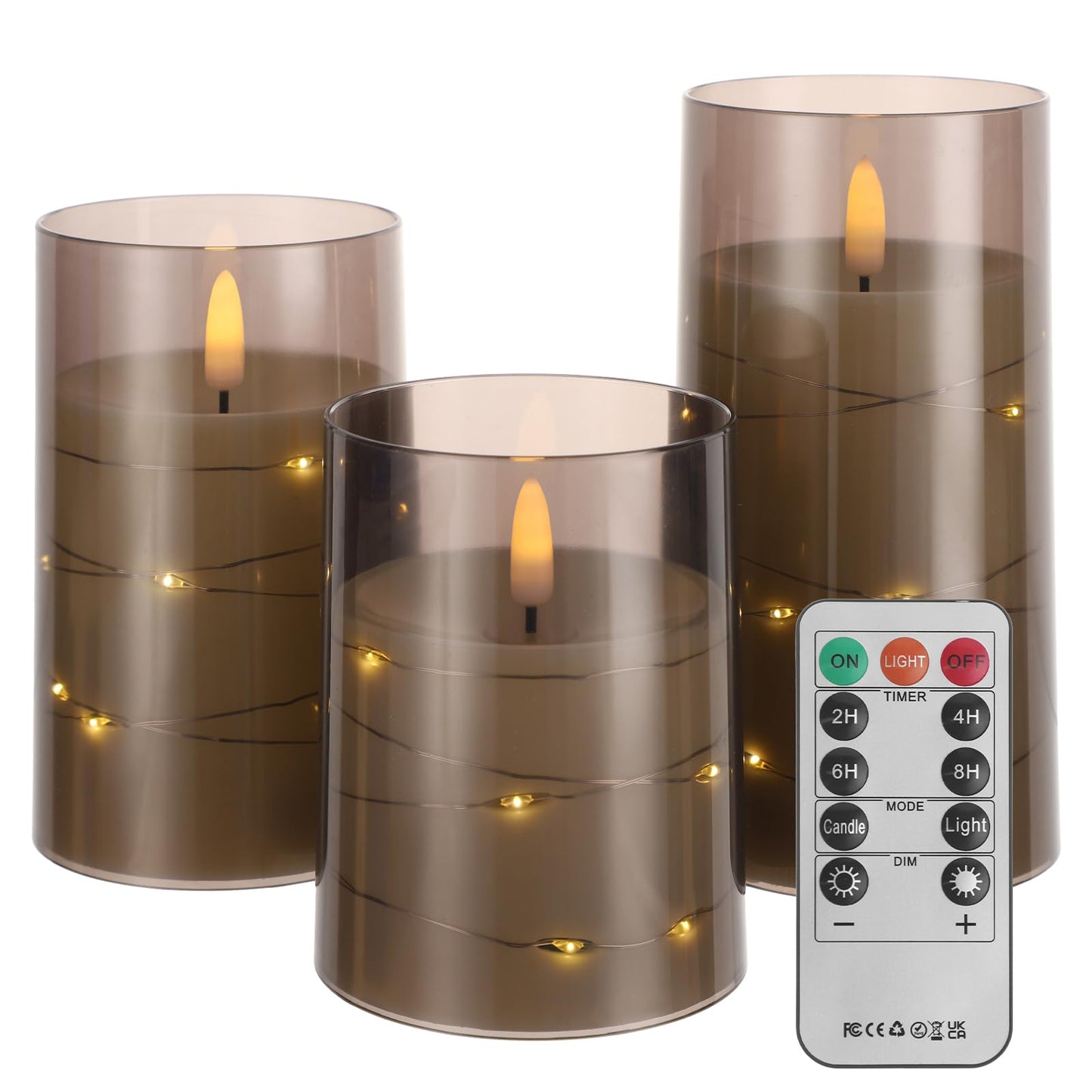 Flickering Flameless Candles with Timer - Durable Acrylic Glass Shell, with Embedded Star String, Battery Operated Candles with Remote for Romantic Ambiance and Home Decoration (Set of 3, Grey)