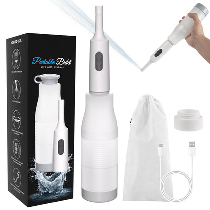 Hibbent Portable Bidet for Travel, High Pressure Electric Handheld Bidet Sprayer, 350-550ML Expandable Bottle for Personal Hygiene, USB-C Rechargeable Waterproof, Travel Sprayer for Women & Men, White