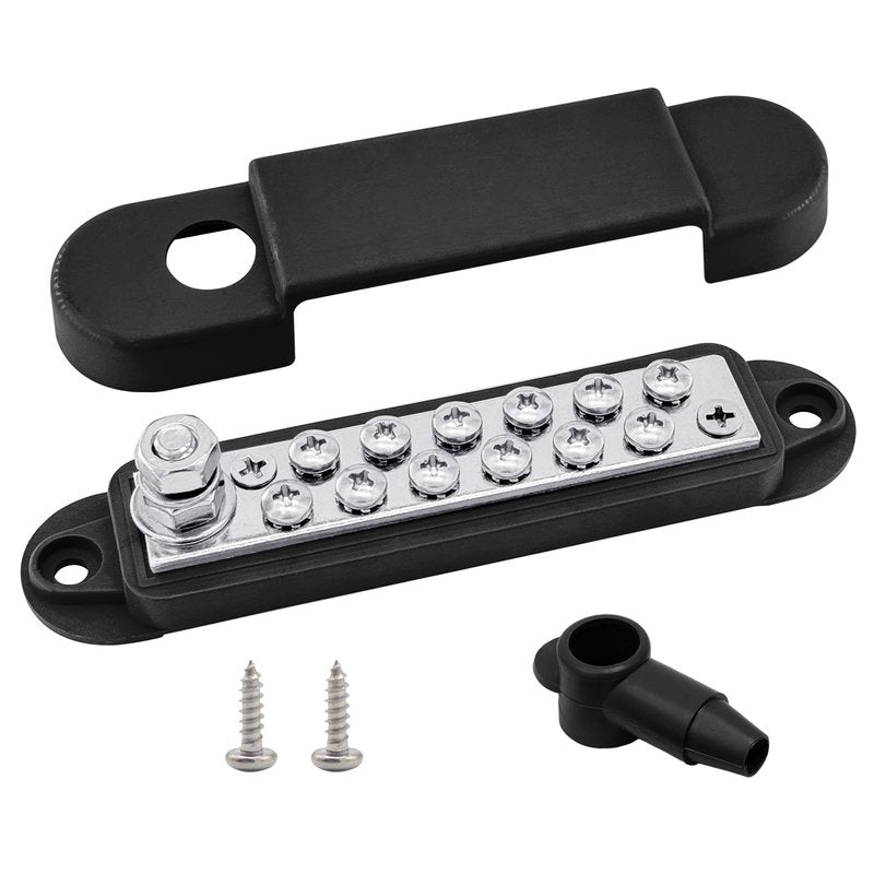 1/4" Stud Power Distribution Block Bus Bar with 12 x #8 Screws, Ampper 5.3" 12V 150A Marine BusBar Battery Distribution Block W/Cover for Car Audio Boat Solar (Black)
