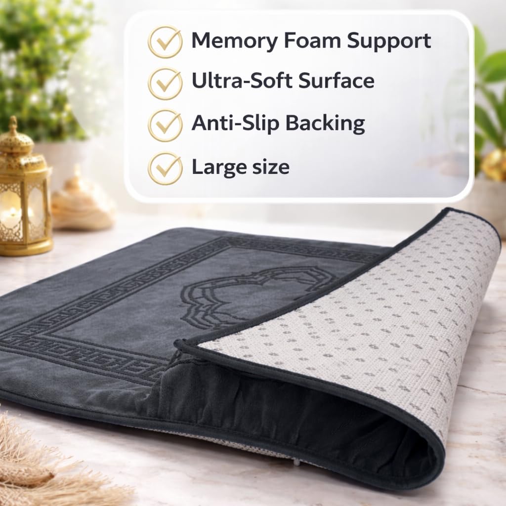 Orthopedic Prayer Mat with Memory Foam Knee Support – Extra Thick Padded Prayer Rug, Muslim & Islamic Prayer Mat (Sajadah) for Men & Women, Soft Luxury Comfort for Eid, Ramadan & Daily Prayer (Black)