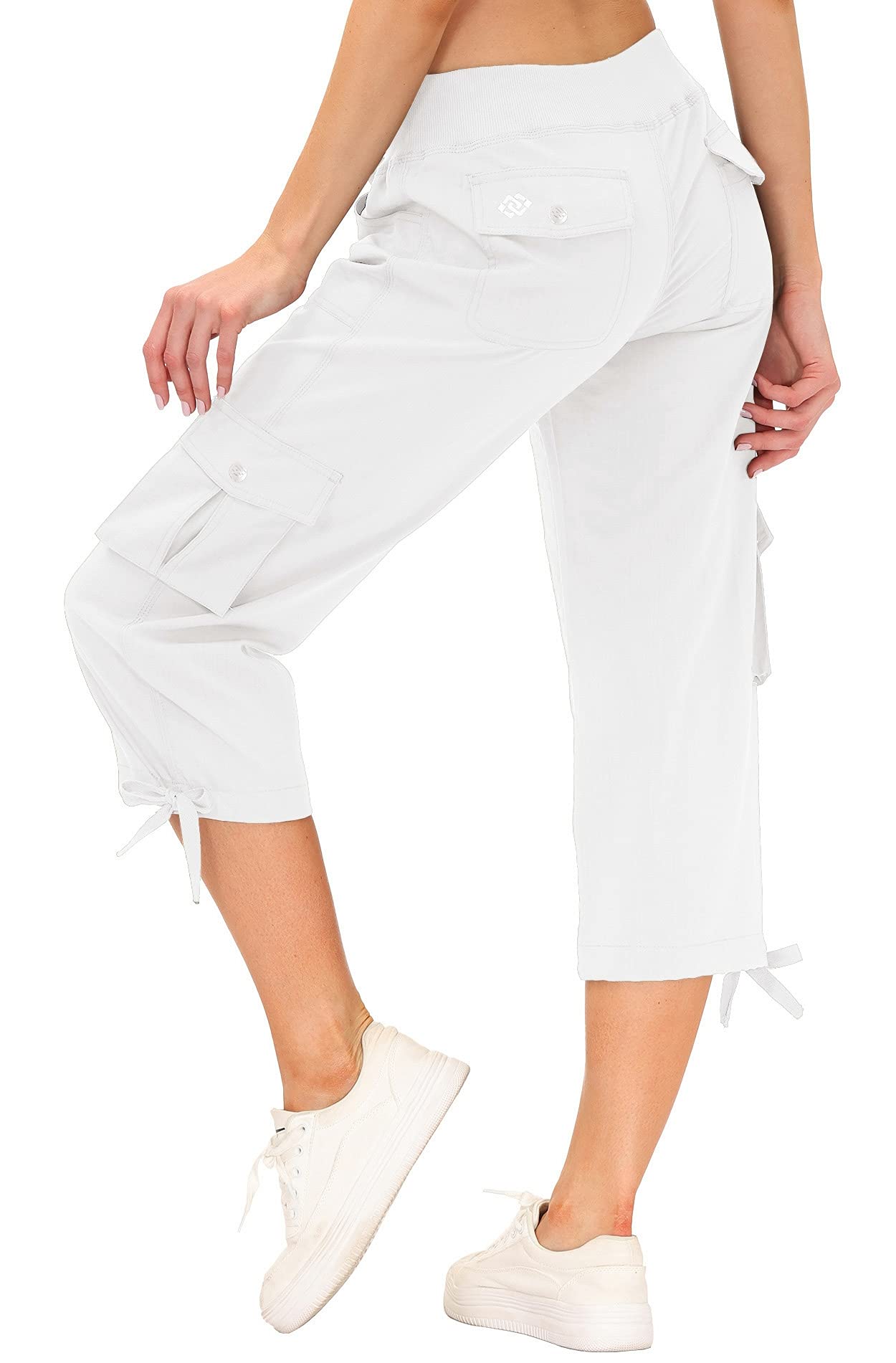 MoFiz Womes Cargo Hiking Capri Pants Lightweight Quick Dry Running Athletic Casual Outdoor Button Pockets Rice White XL