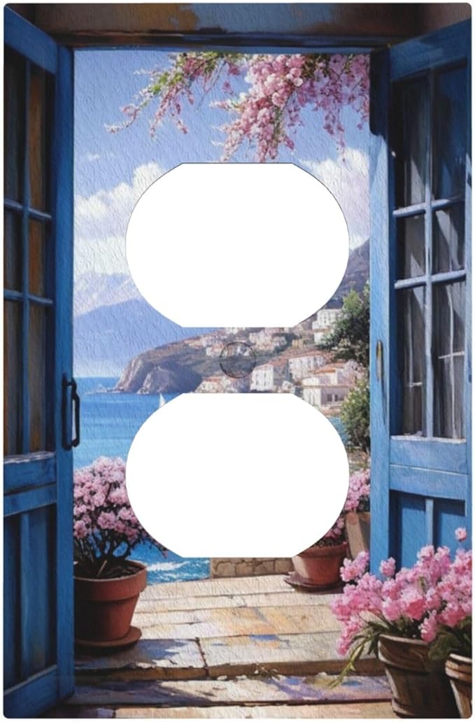 Decorative Art Light Switch Covers Seaside Window View 1 Gang Single Duplex Outlet Wall Plate Switchplate Electrical Faceplate for Home Decor