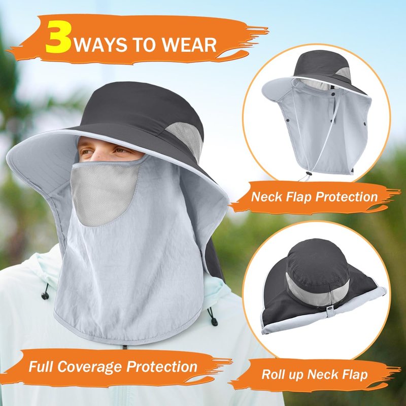 ZEXIAN Men&Women Wide Brim Fishing Ponytail Sun Hat with Removable Face and Neck Flap UPF 50+ UV Protection Safari Cap (US, Alpha, One Size, Dark Grey+Dark Grey)