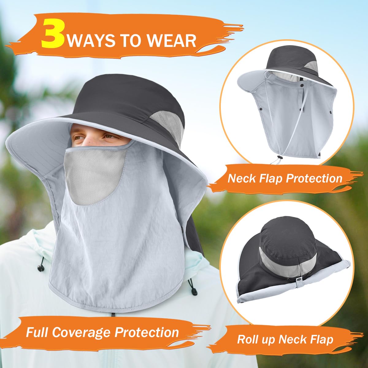 ZEXIAN Men&Women Wide Brim Fishing Ponytail Sun Hat with Removable Face and Neck Flap UPF 50+ UV Protection Safari Cap (US, Alpha, One Size, Dark Grey)