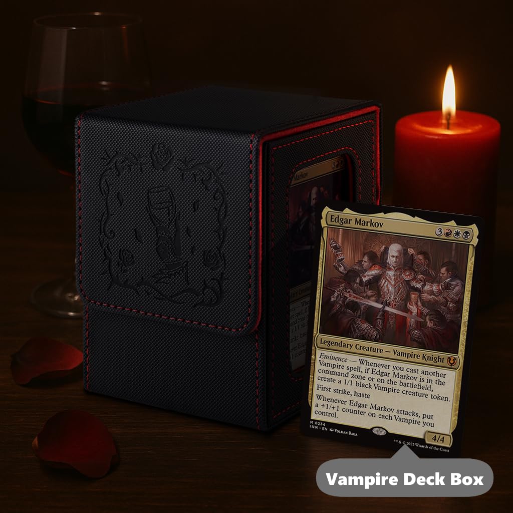 Venssu MTG Deck Box with Commander Display, Vampire Card Deck Case Fits 100 Double Sleeved Cards, TCG Card Storage Box with 2 Dividers and 1 Toploader (Black and Red)