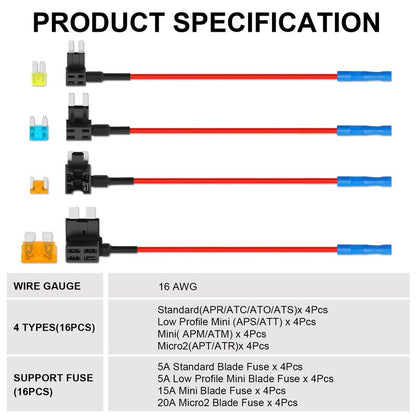 Cooclensportey 16 Pack 4 Types Fuse Tap, Upgraded 12V Car Add a Circuit Fuse Tap Kit - Standard Mini Micro2 and Low Profile Mini Fuses Taps, ATO ATC ATM APM Fuses Adapter Jumper for Cars Trucks Boats