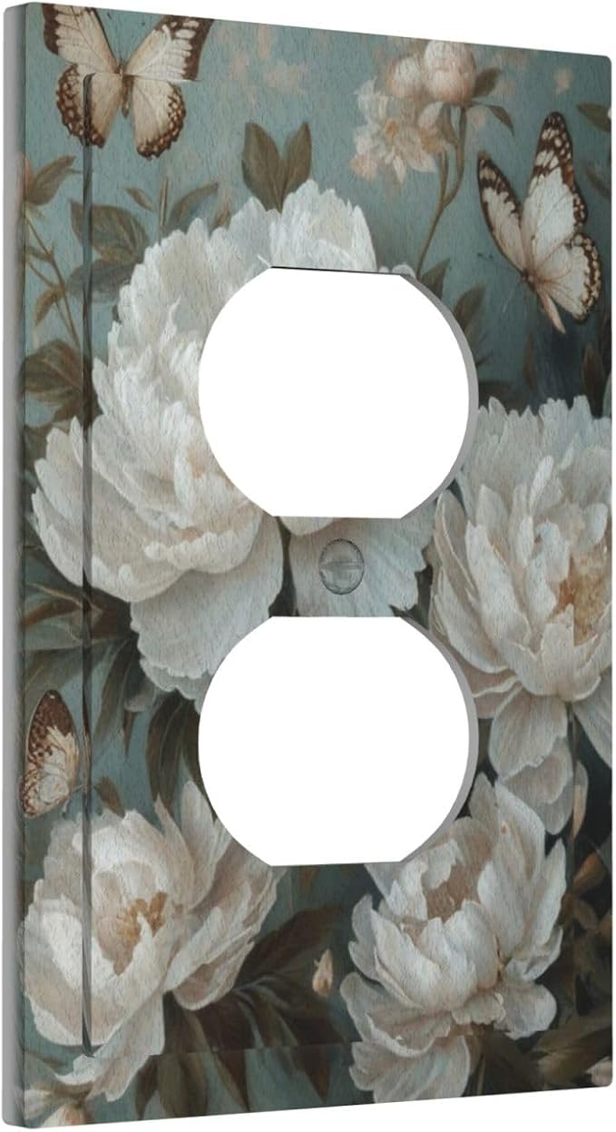 Decorative Art Light Switch Covers Butterflies & Peonies 1 Gang Single Duplex Outlet Wall Plate Switchplate Electrical Faceplate for Home Decor