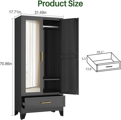 winiowa Metal Armoire Wardrobe Closet with Drawer, 71" Wardrobe Cabinet with Adjustable Shelves and Hanging Rod, Clothing Storage Cabinet Closet with Mirror for Bedroom-Black