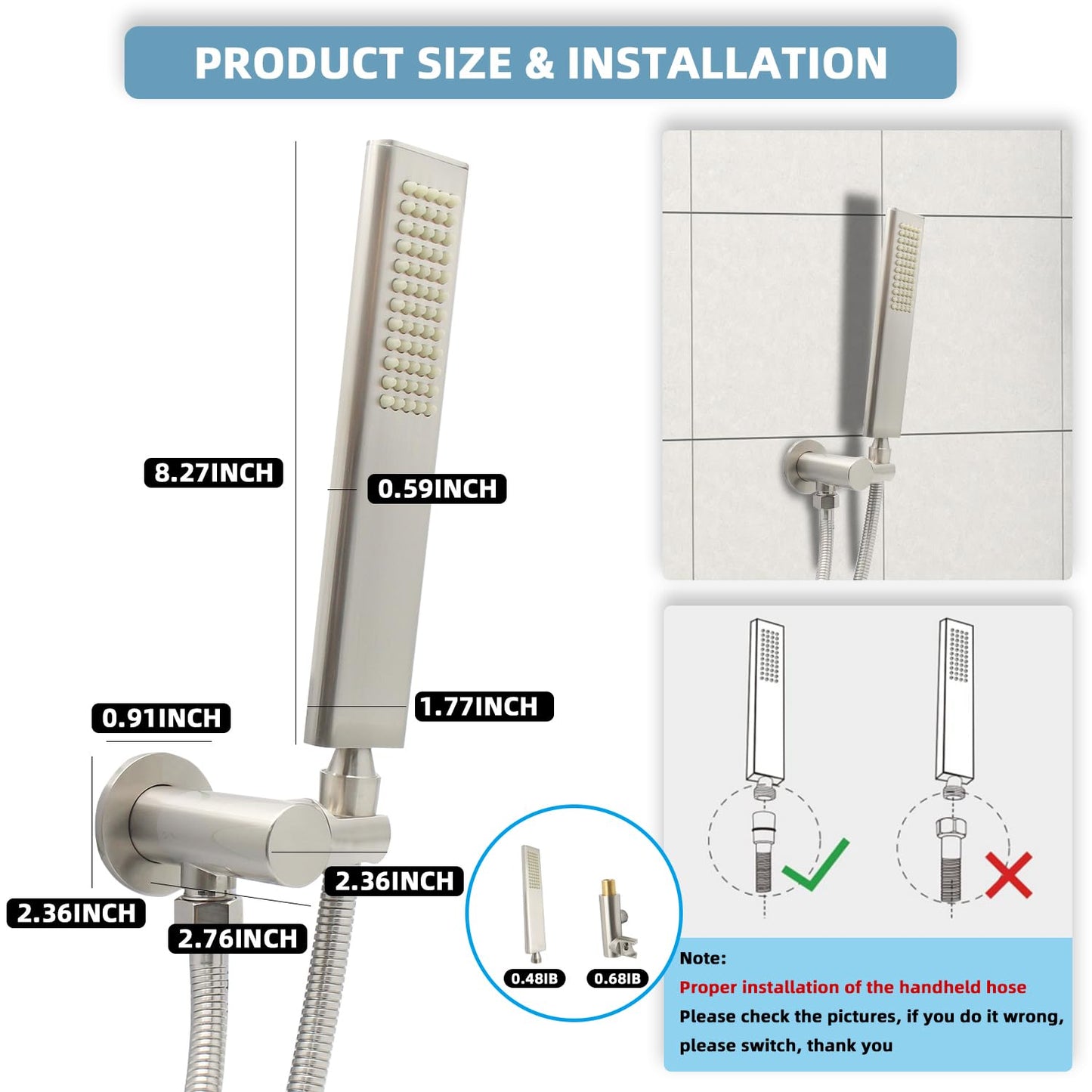 Backnets Solid Brass Handheld Shower Head Arc Design High Pressure Brushed Nickel Hand Shower Wand with Adjustable Supply Elbow Wall Connector Shower Holder and 59″ Stainless Steel Hose Set
