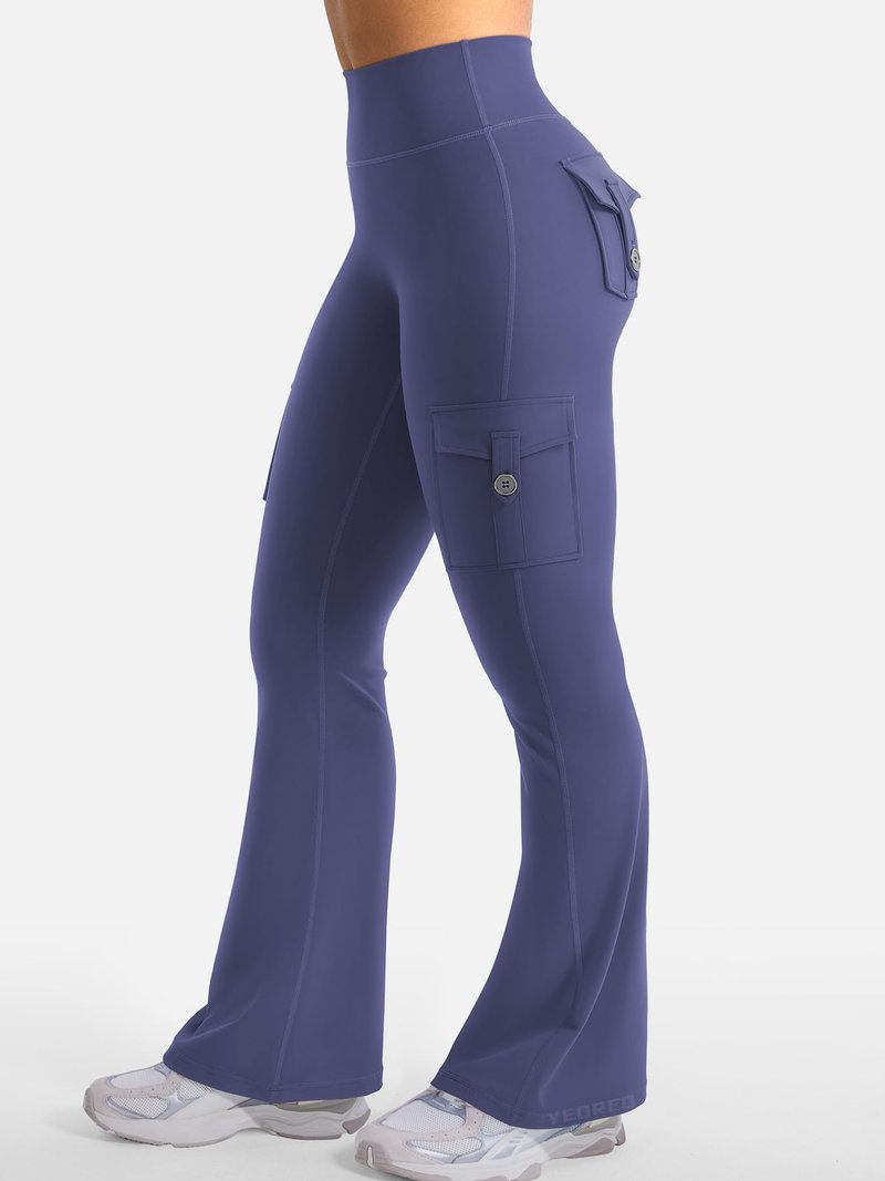 YEOREO CoreFlex Women Workout Flare Leggings with Pockets Hidden Scrunch High Waisted Cargo Gym Yoga No Front Seam Leggings Dark Blue L