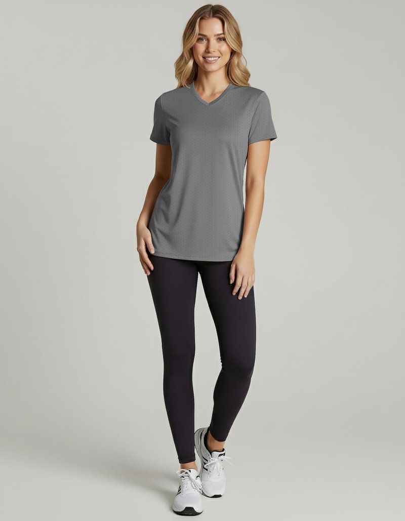Real Essentials 5 Pack: Women's Short Sleeve Breeze Tech V-Neck T Shirt –Workout Top Wicking Dry Fit Athletic Tee (Plus)