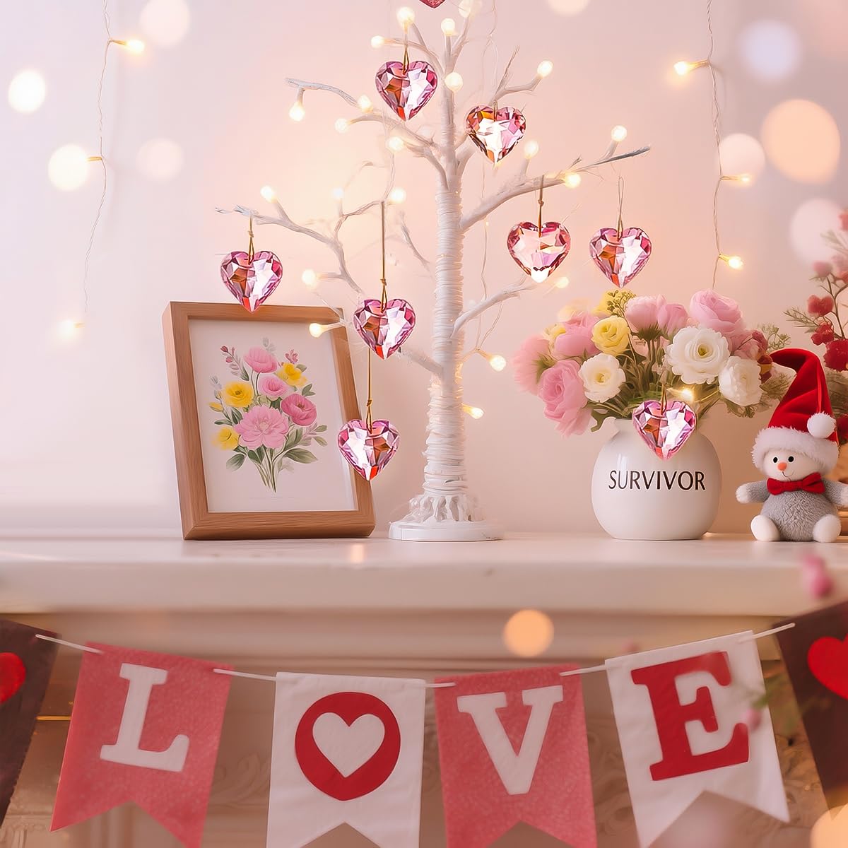H&D HYALINE & DORA 6pcs Pink Heart Crystal Ornaments Valentine's Day Heart Shaped Ornaments Rainbow Hanging Crystals Ornament Pendant for Window, Wedding Decoration