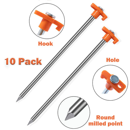 Cheardia 10 Pack Tent Stakes Heavy Duty, 9.75 Inch Yard Stakes Non-Rust Metal Tent Pegs Ground Stakes Tent Spikes for Camping Patio, Garden, Canopies, Grassland, Outdoor,Orange