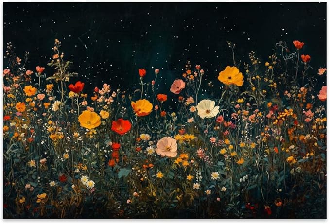 Yesad Wildflowers Field Landscape Wall Art, Floral Canvas Wall Art Wildflowers at Night Flower Prints Painting Rustic Wall Décor for Living Room Bedroom Farmhouse (Unframed,12"x8",Wildflower1)